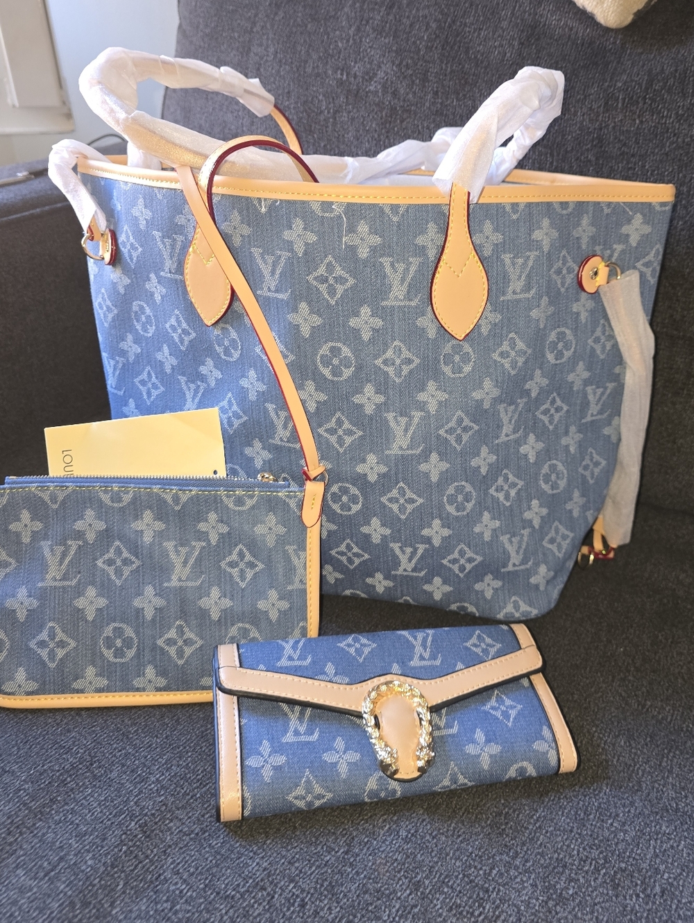 Cotton Jean Blue Denim Monogram Tote w/ Tan Trim Matching Wallet Combo